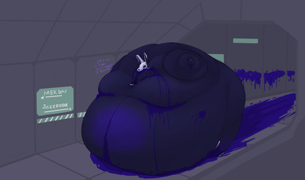 anthro armor barely_mobile belly belly_expansion belly_inflation berry_juice beverage big_belly big_moobs biped blueberry_inflation blueberry_juice bodily_fluids body_inflation clothed clothing dialogue direction_sign expansion grunting headgear helmet huge_belly huge_moobs hyper hyper_belly hyper_inflation hyper_moobs inflation inside juice_(beverage) leaking leaking_juice male moob_expansion moobs pilot_suit solo spherical_inflation sunken_head text unusual_bodily_fluids bigboneddragon canid canine canis mammal wolf 2026 english_text hi_res