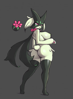 anthro areola big_breasts biped black_nose breast_curtains breasts butt eyelashes female female_anthro flower_trick fur green_areola green_body green_fur green_tail grey_background multicolored_body nude nude_anthro nude_female pink_body pupils rear_view red_eyes simple_background smile solo standing tail ayzcube nintendo pokemon generation_9_pokemon meowscarada pokemon_(species) hi_res