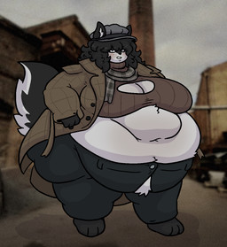 anthro belly big_belly big_breasts biped black_hair blush bottomwear breasts city city_background cityscape cleavage cleavage_cutout clothed clothing coat curvy_figure cutout female fur hair hat headgear headwear huge_belly huge_breasts industrial_background legwear looking_at_viewer morbidly_obese morbidly_obese_anthro morbidly_obese_female newsboy_cap obese obese_anthro obese_female overweight overweight_anthro overweight_female pants photo_background scarf solo sweater tail thick_thighs topwear trenchcoat turtleneck unzipped unzipped_pants wide_hips zipper mexifurfoof martha_(mexifurfoof) canid canine canis mammal wolf digital_drawing_(artwork) digital_media_(artwork) hi_res photography_(artwork)
