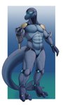 2022 3_fingers absurd_res alternate_form anthro blue_background blue_body bottlenose_dolphin cetacean digitigrade dolphin featureless_crotch fingers full-length_portrait hi_res hybrid looking_at_self machine male mammal marine mouth_closed muscular muscular_anthro muscular_male ndragon3 nude oceanic_dolphin portrait robot simple_background solo standing strake_(zermelane) synth_(vader-san) tail toothed_whale