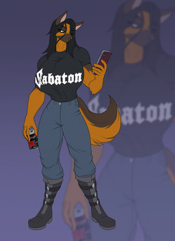 anthro big_breasts black_boots black_clothing black_footwear black_hair boots bottomwear breasts brown_body brown_eyes brown_fur can cellphone clothed clothed_anthro clothed_female clothing container denim denim_bottomwear denim_clothing electronics female fluffy fluffy_tail footwear fur hair holding_can holding_container holding_object holding_phone huge_breasts jeans multicolored_body multicolored_fur pants phone rocker shirt shoes smartphone solo tail topwear two_tone_body two_tone_fur toughset sabaton_(band) canid canine canis domestic_dog german_shepherd herding_dog mammal pastoral_dog 2026 hi_res
