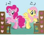 blue_eyes cutie_mark duet duo feathered_wings feathers female hair keyboard_instrument musical_instrument piano pink_hair playing_music playing_piano wings yellow_body yellow_feathers kinkyturtle friendship_is_magic hasbro my_little_pony mythology fluttershy_(mlp) pinkie_pie_(mlp) earth_pony equid equine horse mammal mythological_creature mythological_equine pegasus pony 2014