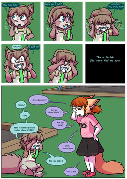 anthro bottomwear clothed clothing dialogue duo female inner_ear_fluff pacifier shirt skirt speech_bubble tail text thought_bubble topwear tuft young babystar gemma_polson domestic_cat felid feline felis mammal rodent sciurid tree_squirrel comic english_text hi_res