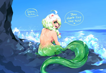 ahoge apode beach blush braided_hair breasts butt day dialogue female green_body green_eyes green_highlights green_scales hair heart_symbol highlights_(coloring) legless looking_at_viewer looking_back looking_back_at_viewer nude on_rock open_mouth open_smile outside profanity rock scales serpentine single_braid sitting sitting_on_ground sitting_on_rock sky smile solo speech_bubble split_form text water wave white_hair bestfriendforever laimu animal_humanoid draconcopode humanoid lamia reptile scalie snake digital_media_(artwork) english_text hi_res signature