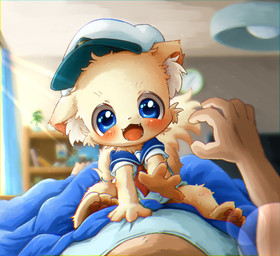 3_toes 4_fingers age_difference anthro bed bedding blue_clothing blue_eyes blue_headwear blue_topwear blush bottomless clothed clothing detailed_background duo fangs feet fingers first_person_view fluffy fur furniture gesture happy hat headgear headwear human_on_anthro human_pov inner_ear_fluff inside interspecies larger_human looking_at_viewer lying male monotone_body on_top open_mouth pawpads paws red_clothing shirt size_difference smile solo_focus tail tan_body tan_fur teeth toes topwear tuft white_clothing white_hat white_headwear yellow_body young young_anthro young_male nakanishi023 canid canine canis domestic_dog human mammal 2022 detailed hi_res