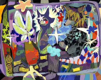 abstract_art ambiguous_gender anthro avant-garde biped blonde_hair blue_body blue_fur duo flower food fruit fur hair plant red_eyes sitting tomato white_body white_ears white_fur yellow_ears sacredmascot canid canine mammal 2025 hi_res
