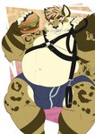 anthro barazoku belly big_belly bulge burger chest_harness clothing collar food harness leash leather_daddy leopard_spots male musclegut muscular muscular_male overweight red_eyes sharp_teeth solo spots teeth underwear clovishusky felid feline mammal hi_res