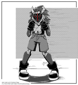 ambiguous_gender bottomwear clothing fight fist fistfight fur fur_tuft horn machine ready_for_fight red_eyes robotic scarf shorts solo squared_up text tuft masterzoroark666 robot black_and_white halftone monochrome url