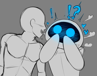 bald blue_blush blue_eyes blush blush_lines covering covering_mouth duo embarrassed female heart_symbol hearts_around_head interrobang machine male male/female male_human not_furry screen screen_eyes screen_face talking_to_another talking_to_partner wide_eyed dibujito disney pixar wall-e anon eve_(wall-e) extraterrestrial_vegetation_evaluator human mammal robot 2025 restricted_palette sketch