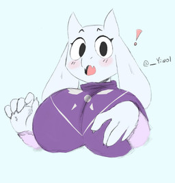 5_fingers anthro big_breasts black_eyebrows black_eyes blush breasts clothed clothing exclamation_point eyebrows eyelashes female fingers floppy_ears front_view fur horn huge_breasts humanoid_hands long_ears looking_at_viewer looking_forward lop_ears mature_anthro mature_female monotone_body monotone_face monotone_fur monotone_horn no_irises open_mouth pink_tongue robe simple_background solo surprised text tongue white_body white_ears white_face white_fur white_horn yiwol undertale undertale_(series) toriel bovid caprine goat mammal 2020 artist_name bust_portrait digital_media_(artwork) hi_res portrait