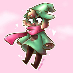3_fingers ambiguous_gender anthro blush brown_body brown_fur clothed clothing eyewear fingers front_view fur glasses green_clothing green_hat green_headwear hair hat head_tuft headgear headwear heart_symbol horn pink_background scarf simple_background smile solo tuft audgiraffe deltarune undertale_(series) ralsei bovid caprine darkner goat mammal 1:1 2018 digital_media_(artwork) signature