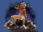 alcohol antlers armor beverage drinking female genitals glowing glowing_eyes hooves horn long_labia looking_at_viewer pussy sitting solo spread_legs spreading unconvincing_armor aerosaur83 aesvedn faun humanoid satyr 4:3 absurd_res hi_res