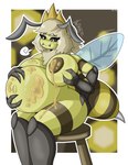 antennae_(anatomy) anthro areola arthropod_abdomen belly belly_rub big_belly big_breasts biped blush bodily_fluids breast_grab breast_milking breast_play breast_squish breasts breath butt butt_grab crown eyelashes eyeshadow fangs female female_anthro fingers food fur glistening glistening_body hair hand_on_breast hand_on_butt headgear honey_(food) insect_wings inverted_nipples lactating looking_down makeup milk milking_self multi_limb navel nectar nipples non-mammal_breasts not_furry nude outline pregnant pregnant_anthro pregnant_female puffy_areola puffy_nipples simple_background smile solo squish stinger stripes teeth thick_thighs translucent translucent_wings unusual_bodily_fluids unusual_lactation wings yellow_body bootleggz athena_(bootleggz) arthropod bee hymenopteran insect 2021 cel_shading digital_media_(artwork) hi_res shaded signature