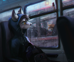 ambiguous_gender anthro backpack clothed clothing detailed_background duo furgonomics hoodie inside inside_train love public_transportation raining sitting topwear train vehicle window trigaroo canid canine fox mammal 2022 digital_media_(artwork) digital_painting_(artwork) hi_res painting_(artwork) shaded