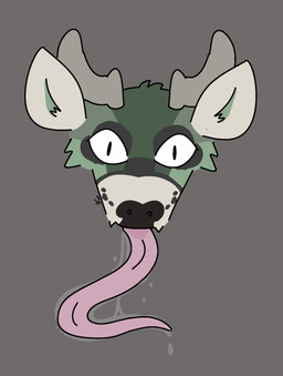 ambiguous_gender antlers black_markings bodily_fluids cheek_tuft facial_tuft green_body horn long_tongue looking_at_viewer markings saliva simple_background solo tongue tuft veenognat avery_(veecr) deer mammal headshot_portrait hi_res portrait