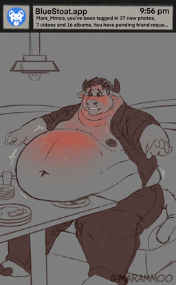 5_fingers anthro aroused belly belly_on_table bloated blush blushing_profusely bodily_fluids booth bottomwear clothed clothing commentary denim denim_bottomwear denim_clothing double_chin fat_ears fat_folds fingers furniture horn humiliation ill_fitting_clothing jeans lactating lactating_through_clothing male navel obese open_clothing open_shirt open_topwear overweight pants plate restaurant shirt solo stuck sweat sweating_profusely table text tight_fit topwear trapped weight_gain wet wet_clothing worried mara_mmoo fattytober mara_(mara_mmoo) bovid bovine cattle mammal english_text hi_res sequence