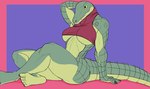 5_toes anthro big_breasts breasts clothed clothing feet female fingers green_body green_scales hand_behind_head non-mammal_breasts pose scales sitting skimpy solo toes under_boob yellow_eyes yellow_sclera f_draws athena_(f_draws) crocodile crocodilian reptile scalie hi_res