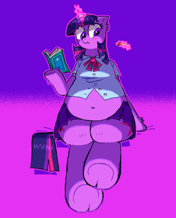 anthro belly belly_overhang belly_peeking_out big_belly blush book bottomwear breasts candy clothed clothing collared_shirt dessert dress_shirt eating eating_food female feral food front_view hair holding_book holding_object hooves horn navel overweight overweight_anthro overweight_female pink_body pleated_skirt purple_eyes purple_hair semi-anthro shirt simple_background sitting skirt small_breasts solo tail telekinesis thick_thighs topwear underhoof undersized_clothing undersized_topwear snunkies friendship_is_magic hasbro my_little_pony mythology twilight_sparkle_(mlp) equid equine mammal mythological_creature mythological_equine unicorn full-length_portrait hi_res portrait