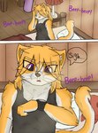 alarm_clock anthro bed bedroom black_whiskers checking_time clock clothed clothing female fur furniture groggy morning purple_eyes shirt sigh solo tank_top tired topwear watch whiskers yellow_body yellow_fur lerasmel kreed_(lerasmel) domestic_cat felid feline felis mammal comic digital_media_(artwork) hi_res