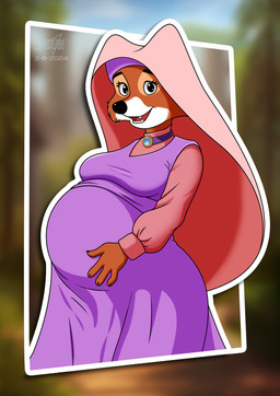 alternative_fashion anthro belly big_belly biped blurred_background breasts brooch brown_eyes classic_lolita clothed clothed_anthro clothed_female clothing day detailed_background dress female fingers front_view fur hand_on_belly happy headdress humanoid_hands j-fashion logo lolita_(fashion) looking_at_viewer medium_breasts open_mouth open_smile orange_body orange_fur outline outside pregnant pregnant_anthro pregnant_female purple_clothing purple_dress sky smile solo standing text white_body white_fur white_outline arrowdark disney robin_hood_(disney) maid_marian canid canine fox mammal 2024 absurd_res artist_logo artist_name colored dated hi_res shaded