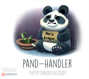 ambiguous_gender bamboo beady_eyes black_body black_eyes black_fur claws clothing feral fur hat headgear headwear humor pun raining sad sign solo text visual_pun white_body white_fur piper_thibodeau bear giant_panda mammal digital_media_(artwork) digital_painting_(artwork) english_text painting_(artwork)