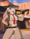 alternate_species anthro breasts female furrification genitals gun looking_at_viewer nipples pussy ranged_weapon solo weapon nx-42 blizzard_entertainment overwatch ashe_(overwatch) lagomorph leporid mammal rabbit absurd_res hi_res