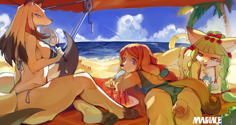 anthro beach bikini blue_sky braided_hair breasts butt clothing detailed_background digitigrade female food fruit group hair hand_fan light long_hair looking_at_viewer lying melon multi_tail on_front on_side one-piece_swimsuit pawpads paws plant popsicle seaside sitting sky smile string_bikini swimwear tail tropical two-piece_swimsuit watermelon watermelon_slice magiace cyberconnect2 drecom full_bokko_heroes chantico_(full_bokko_heroes) daji_(full_bokko_heroes) kushinadahime_(full_bokko_heroes) canid canine felid mammal 2018 absurd_res hi_res lighting
