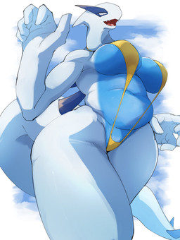 5_fingers anthro anthrofied belly bent_arm big_breasts biped blue_body breasts clothed clothed_anthro clothed_female clothing eyelashes female female_anthro fingers looking_at_viewer looking_down looking_down_at_viewer low-angle_view multicolored_body navel no_sclera non-mammal_navel one-piece_swimsuit open_mouth open_smile overweight pokemorph pupils slightly_chubby slightly_chubby_anthro slightly_chubby_female sling_bikini smile solo standing swimwear tail teeth thick_thighs tongue under_boob white_body white_eyes white_tail wide_hips yellow_clothing yellow_sling_bikini yellow_swimwear plache6 nintendo pokemon generation_2_pokemon legendary_pokemon lugia pokemon_(species) 2026 digital_drawing_(artwork) digital_media_(artwork) hi_res portrait shaded three-quarter_portrait