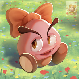 ambiguous_gender brown_eyes feral flower grass large_bow plant red_bow sitting sitting_on_ground solo vizorflarf cc-by-nc-nd creative_commons mario_bros nintendo goombaria goomba 1:1 2026 hi_res reference_image tagme female_(lore)