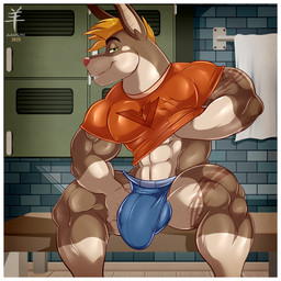 abs anthro arm_tattoo balls_outline bedroom_eyes biceps big_bulge big_muscles blonde_hair blue_clothing blue_jockstrap blue_underwear border brown_body brown_fur bulge clothed clothing clothing_lift detailed_bulge fur genital_outline green_eyes hair jockstrap leg_tattoo locker_room looking_at_viewer male manly midriff muscular muscular_anthro muscular_male narrowed_eyes nipple_outline nipples pecs penis_outline print_clothing print_shirt print_t-shirt print_topwear seductive shirt shirt_lift sitting smile solo spread_legs spreading t-shirt tan_body tan_fur tattoo topwear towel triceps underwear white_border aaron_(artist) nestor_(aaron) canid canine canis dobermann domestic_dog mammal pinscher 1:1 2025 dated digital_media_(artwork) hi_res watermark