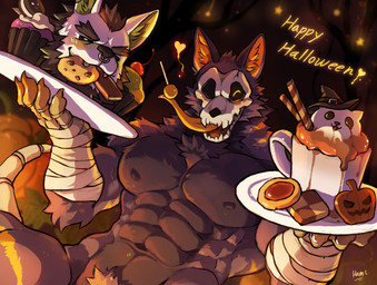 abs anthro arm_wraps black_body black_fur black_nipples blush bone candy cheek_tuft chest_tuft claws clothed clothing container cookie crotch_tuft cup cupcake deltoids dessert detachable detachable_head disembodied_head duo facial_tuft finger_claws food fruit fur fur_markings happy_halloween heart_symbol holding_object holding_plate holidays kemono long_tongue male markings mug muscular muscular_anthro muscular_male navel nipples nude nude_anthro one_eye_closed orange_body orange_fur orange_tongue plant plate pubes pumpkin sharp_teeth skull skull_head teeth tongue tuft wink wraps blackham halloween canid canine mammal skulldog_(species) 2025 digital_media_(artwork) hi_res