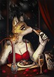 5_fingers alcohol anthro beverage candle clothing container cup curtains dress drinking drinking_glass female fingers flower glass glass_container glass_cup ice night plant plate red_clothing red_dress romantic romantic_ambiance rose_(flower) solo wine wine_bottle wine_glass kmnsaur_(artist) whisper_(gabrielofcreosha) black-backed_jackal canid canine canis jackal mammal digital_drawing_(artwork) digital_media_(artwork) oil_painting_(artwork) painting_(artwork) traditional_painting_(artwork)