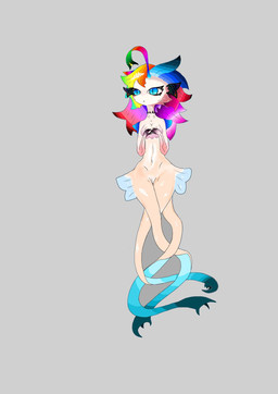 3_legs ahoge bangs blue_eyes breasts covering covering_breasts female front_view genitals gills grey_background hair haiyin hip_fins long_hair multicolored_hair not_furry nude nude_female pose pupils simple_background slit_pupils solo vulva yyyggrbtcbf monster digital_drawing_(artwork) digital_media_(artwork) full-length_portrait hi_res portrait shaded simple_shading