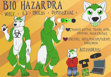 anthro biohazard_symbol biohazard_tattoo black_nose bottomwear camo camo_bottomwear camo_clothing camo_pants camo_print chain chest_tattoo clothed clothing clothing_cord collar computer denim denim_bottomwear denim_clothing drawstring drawstring_topwear electronics exclamation_point fur gloves_(marking) green_body green_eyes green_fur hands_in_both_pockets hazard_symbol heart_before_text heart_symbol hoodie imperial_unit jeans laptop male markings number pants pattern_bottomwear pattern_clothing pattern_pants pockets print_clothing print_shirt print_t-shirt print_topwear red_clothing red_hoodie red_topwear shirt simple_background smile solo symbol t-shirt tattoo text text_with_heart topwear unit warning_symbol warning_symbol_print white_body white_fur bio_hazardra canid canine canis mammal wolf character_name digital_media_(artwork) english_text model_sheet