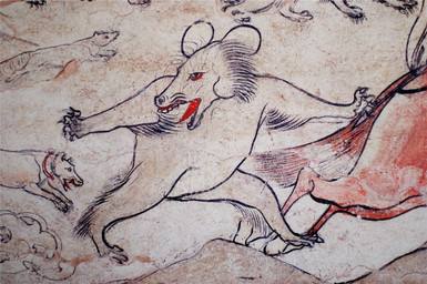 ambiguous_gender anthro biped claws collar featureless_chest featureless_crotch feral finger_claws fur group looking_back quadruped running semi-anthro side_view simple_background solo_focus standing tail tuft unknown_artist canid canine canis domestic_dog equid equine horse mammal mouse murid murine rodent 6th_century ancient_art hi_res painting_(artwork) traditional_media_(artwork) traditional_painting_(artwork)