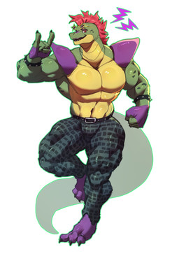 abs anthro belt biceps bottomwear calf_muscles claws clothed clothing eyewear eyewear_on_head gesture green_body green_bottomwear green_clothing green_pants green_scales hair hand_gesture male mohawk muscular muscular_anthro muscular_male pants pecs pose purple_body quads red_hair scales shoulder_pads simple_background smile solo sunglasses sunglasses_on_head tail topless topless_male wearing_sunglasses white_background yellow_body yellow_scales lossi five_nights_at_freddy's five_nights_at_freddy's:_security_breach scottgames steel_wool_studios montgomery_gator alligator alligatorid crocodilian reptile scalie hi_res