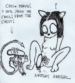 anthro bilemirth breasts dialogue female genitals group ink profanity spread_legs spreading text tongue tongue_out trio vulva young young_female unhappy893 alien_(franchise) alien domestic_cat felid feline felis mammal xenomorph absurd_res comic english_text hi_res italian_text monochrome sketch traditional_media_(artwork)