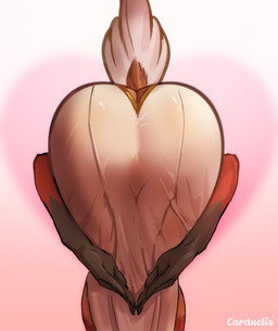 anthro butt butt_focus butt_heart clothing female fingers multicolored_body rear_view red_body solo tail wide_hips carduelis inanna_(character) anatid anseriform avian bird duck absurd_res hi_res