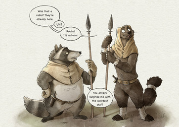 4_toes 5_fingers anthro biped clothing dialogue duo feet fingers fur gloves grey_body grey_fur handwear humanoid_hands knife melee_weapon polearm slightly_chubby spear text toes weapon rayfkm gulonine mammal marten mustelid musteline procyonid raccoon 2023 english_text hi_res