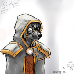 anthro armor cloak clothing eyewear face_covered fur glowing glowing_markings gold_(metal) gold_jewelry hood jewelry male markings mask monocle sholder_pads solo standing white_body white_fur starlithe mammal mustelid musteline true_musteline weasel 1:1