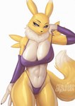 2024 anthro anthrofied atsuii bandai_namco big_breasts black_sclera blue_eyes breasts camel_toe canid canine clothing conditional_dnp digimon digimon_(species) digimorph erect_nipples female fur hi_res looking_at_viewer mammal nipples renamon solo tail white_body white_fur yellow_body yellow_fur