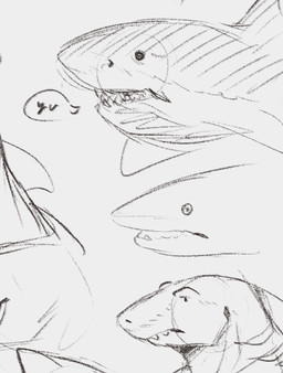 ambiguous_feral ambiguous_gender anthro dorsal_fin dot_eyes feral fin gills male male_anthro mouth_closed open_mouth sharp_teeth side_view simple_background simple_eyes solo teeth jezzlen aquatic fish shark monochrome sketch sketch_page