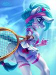 anthro blue_eyes blue_hair bottomwear braided_hair braided_tail butt clothed clothing colored_nails cutie_mark female fingerless_gloves freckles gloves hair handwear heart_eyes heart_symbol miniskirt nails no_underwear pink_nails skirt solo sport stripes tail tennis tennis_racket visor holivi hasbro my_little_pony dawny_(jrvanesbroek) fan_character equid equine horse mammal pony zebra hi_res