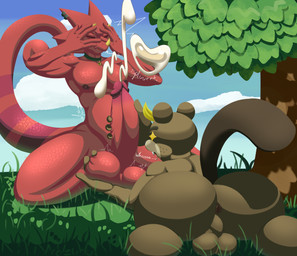 anthro anus ball_grab balls big_balls big_butt big_penis blonde_hair bodily_fluids brown_body brown_fur buckteeth butt choker covering covering_face cum cumshot drooling duo ear_piercing ear_ring ejaculation embarrassed erection eyes_closed freckles fur genital_fluids genitals glans grass hair handjob horn huge_balls huge_penis jewelry lying male male/male markings motion_lines necklace nipples nude on_front outside penile penis perineum piercing plant purple_eyes raised_tail red_body red_scales ring_piercing saliva scales sex shy sky star_eyes star_oculama star_symbol striped_markings striped_tail stripes tail tail_markings teeth text tree nezuruiart animal_crossing nintendo c.j._(animal_crossing) flick_(animal_crossing) beaver chameleon lizard mammal reptile rodent scalie absurd_res hi_res