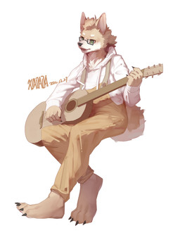 acoustic_guitar anthro barefoot claws clothed clothing eyewear fangs feet fully_clothed fur glasses green_eyes guitar male musical_instrument open_mouth plucked_string_instrument simple_background solo string_instrument tan_body tan_fur teeth text white_background x1aoyaoya canid canine canis domestic_dog mammal 2022 absurd_res full-length_portrait hi_res portrait