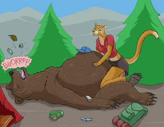 ambiguous_penetration anthro anthro_on_feral anthro_penetrated belly bestiality big_belly bottomwear brown_body brown_fur burping burping_up_object claws clothed clothed_anthro clothed_female clothed_sex clothing discarded_clothing duo erection eyes_closed female female_penetrated feral feral_penetrating feral_penetrating_anthro feral_pred fully_inside fur genitals green_eyes interspecies larger_feral larger_male lying male male/female male_penetrating male_penetrating_female male_pred money on_back on_top open_mouth orange_body orange_fur outside penetration penis plant sex shirt shorts size_difference smaller_anthro smaller_female smaller_penetrated tail tent tongue tongue_out topwear tree vaginal vore wallet whiskers strega bear felid feline mammal hi_res