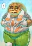 anthro belly blush bottomwear brown_body brown_fur bulge clothing eyewear fur glasses gloves handwear hat headgear headwear humanoid_hands male moobs overweight overweight_anthro overweight_male pants shirt solo straw_hat text topwear gappu guptoshimaru lifewonders tokyo_afterschool_summoners volos_(tas) bear mammal 2018 hi_res japanese_text