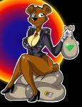 anthro bag biped black_nose bottomless breasts brown_body brown_fur cleavage clothed clothing crossgender eyewear female footwear fur gem gloves handwear high_heels money monocle mtf_crossgender shoes sitting smile solo sparkles suit_jacket mazapan activision spyro_the_dragon moneybags_(spyro) bear mammal