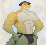 abs anthro biped bulge candy clothed clothing cowboy cowboy_hat crocodile crocodilian crocodylid dessert detailed_bulge featureless_chest food food_creature genital_outline glitch_productions gummigoo_(tadc) gummy_(food) gummy_creature hat headgear headwear hi_res jockstrap living_candy male male_anthro muscular muscular_male pecs penis_outline reptile ryandidindoome scalie solo the_amazing_digital_circus topless topless_anthro topless_male underwear yellow_body