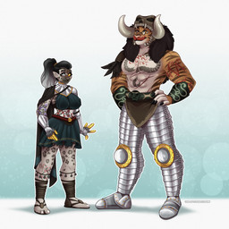 abs anthro armor big_breasts bottomwear breasts clothing duo eyewear female footwear glasses grey_body hair looking_at_viewer male muscular muscular_male ponytail sandals shoes simple_background size_difference skirt skull_helmet smile standing tattoo volodyanocturne capcom dragon's_dogma francis_(wuzy2121) zoey_(wuzy2121) beastren felid mammal 1:1 2024 digital_media_(artwork) hi_res